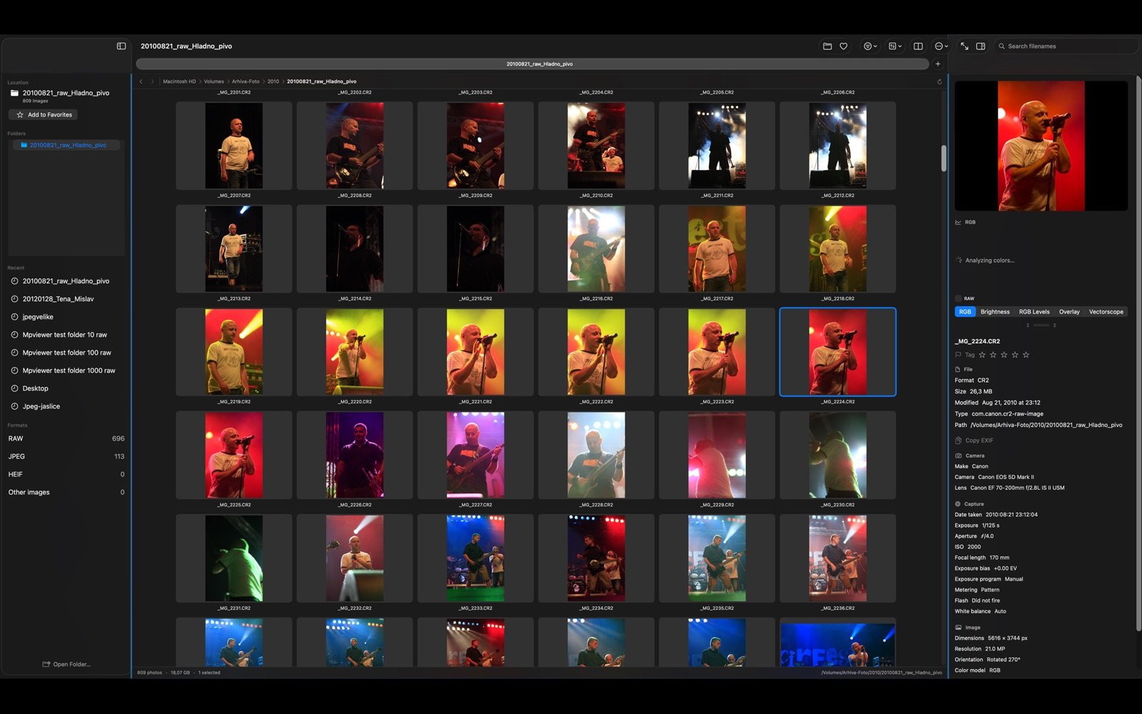 MPViewer gallery with folder navigation, photograph thumbnails, color scopes and EXIF inspector
