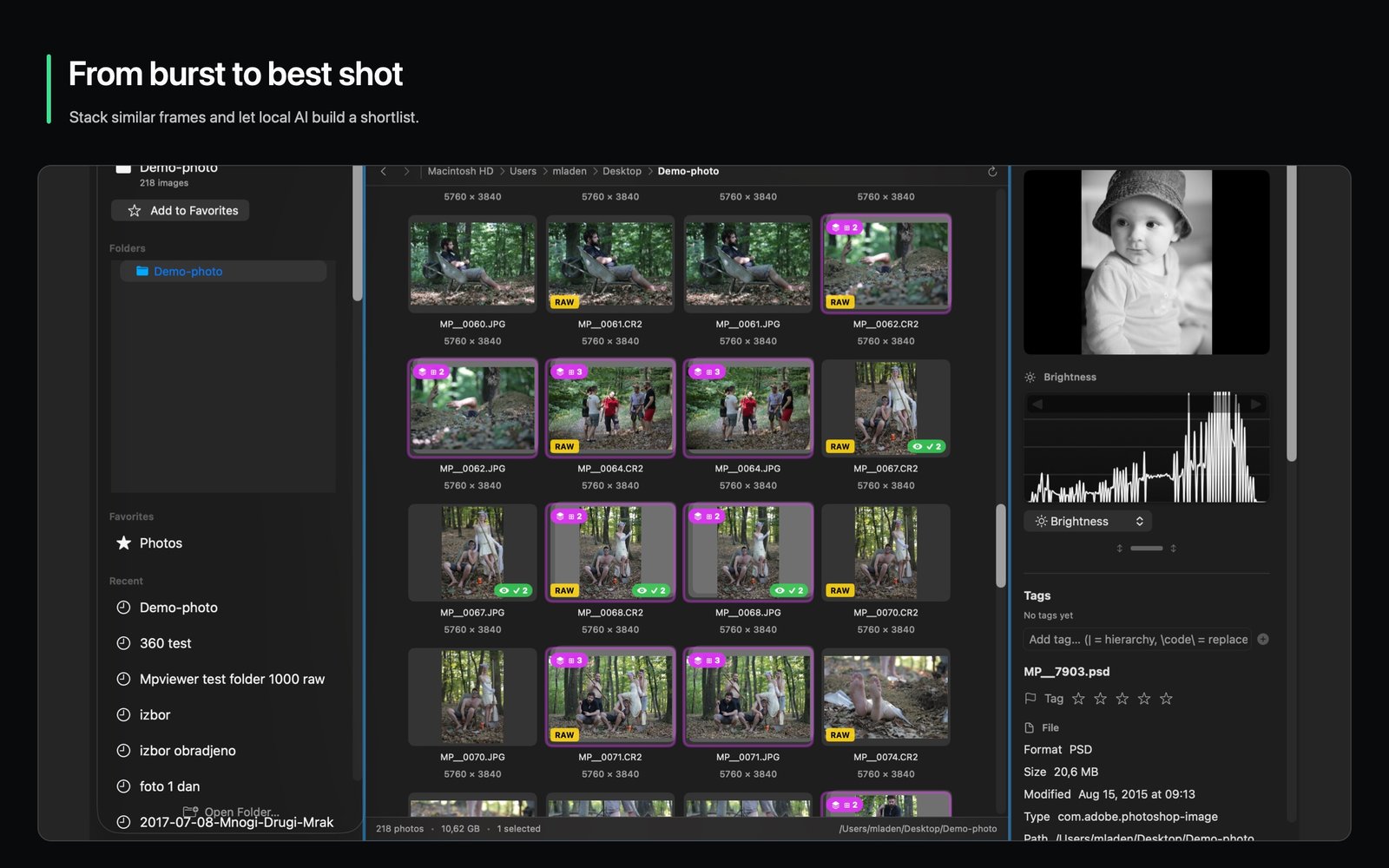 MPViewer 1.4 grouping burst photographs and building a local Best Shot shortlist