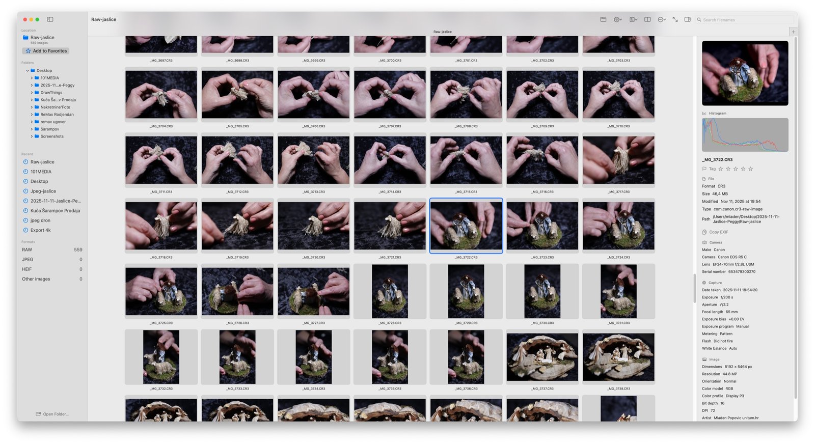 MPViewer browsing a folder of RAW photographs with a folder tree, thumbnail grid, histogram and EXIF inspector