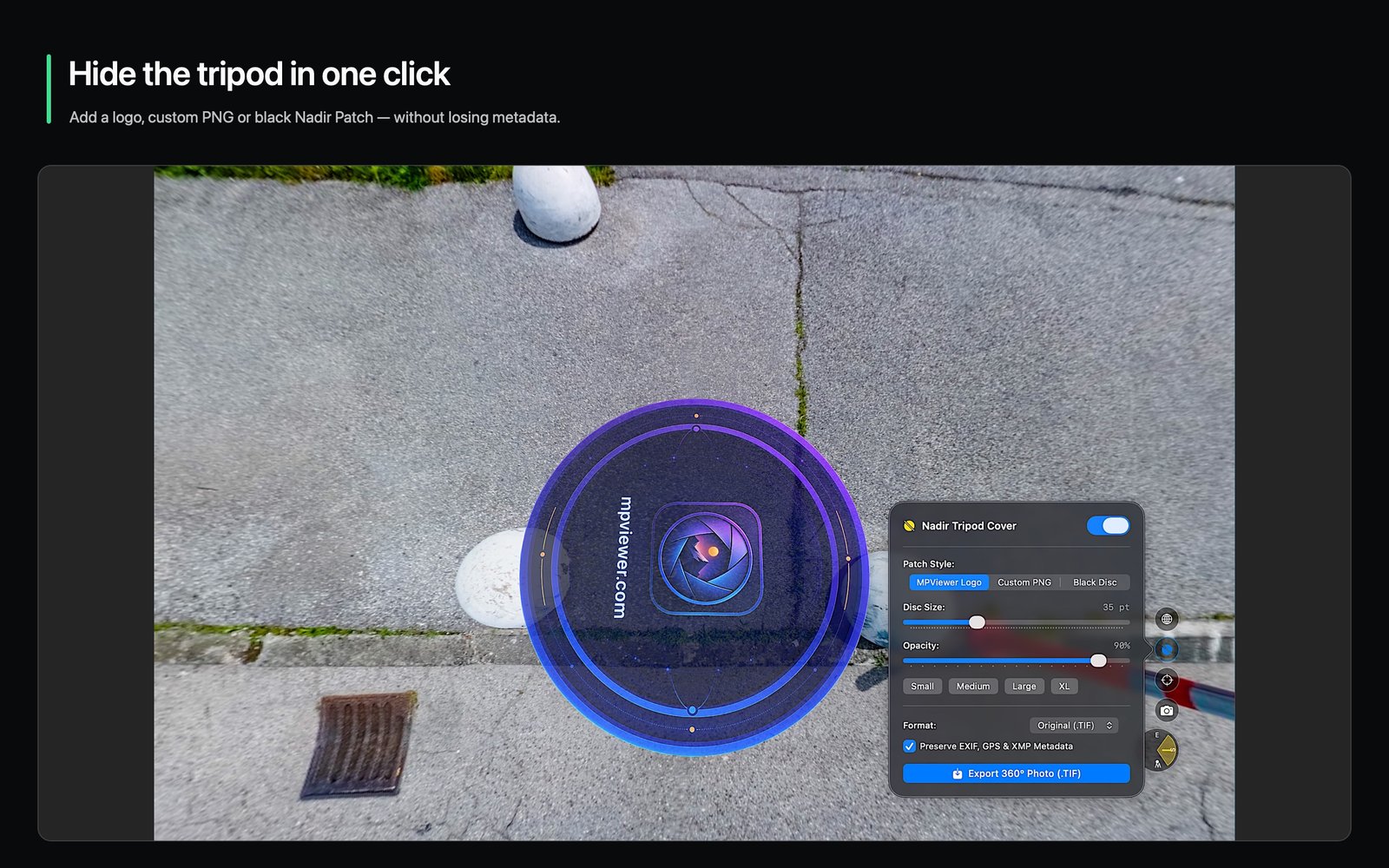 Nadir Patch covering a tripod in a 360 degree photograph
