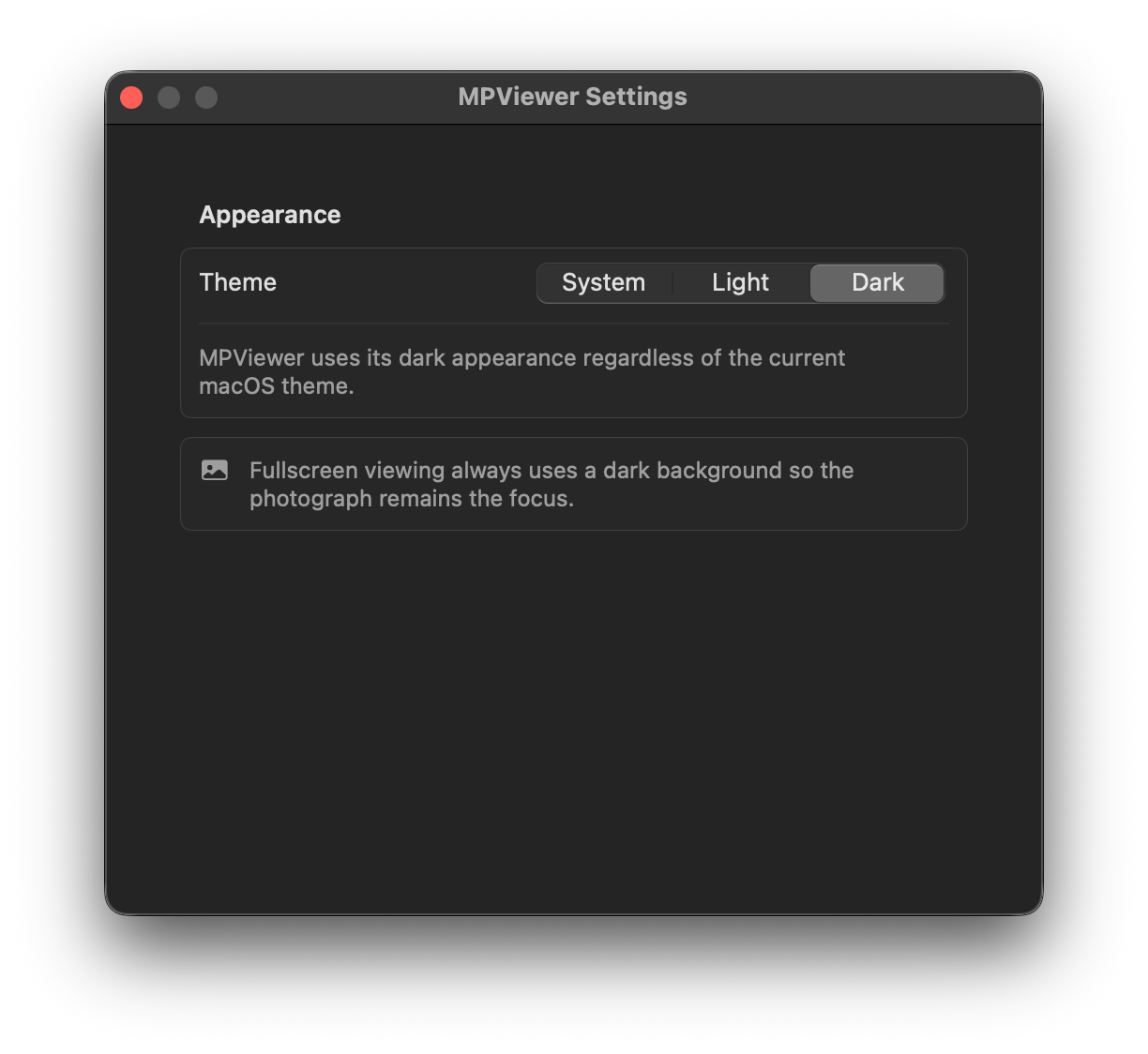 MPViewer Settings with Dark appearance selected