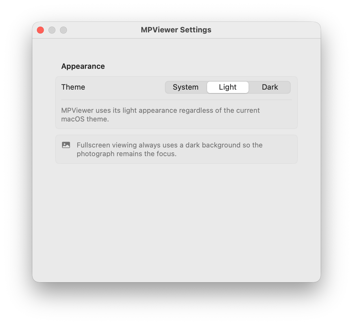 MPViewer Settings with Light appearance selected