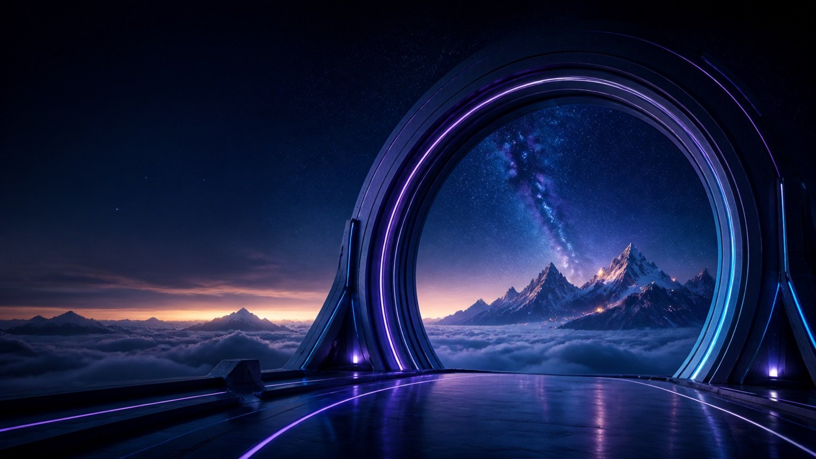 Futuristic night observatory with the MPViewer aperture symbol over mountains